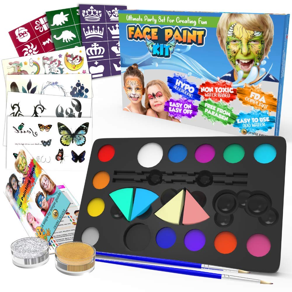 Desire Deluxe Face Paints for Children Halloween Make Up Set for Boys Girls Toy Body Painting - Christmas Present Palette Kit Including Glitter, Stencil, Tattoo for Kids - Unique Gift