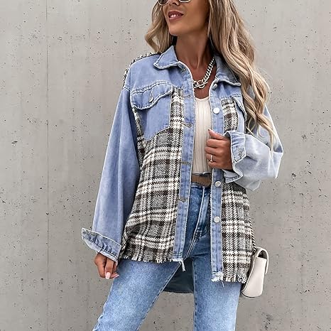 Jean Jacket Plaid Patchwork Loose Coat 