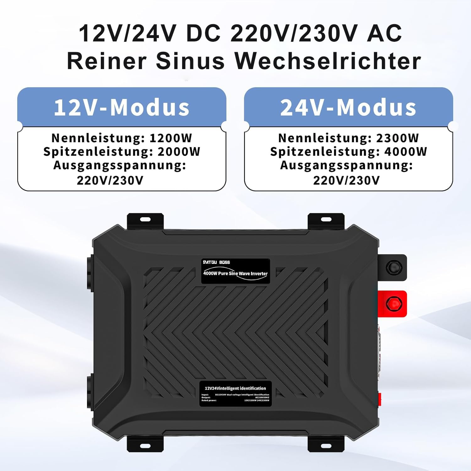 DATOUBOSS Pur Sinus Onduleur 12V/24V vers 220V 230V Convertisseur Universel Double Tension 1200W/2300W avec système de détection Intelligent Puissance de crête 2000W/4000W, Transformateur avec LCD
