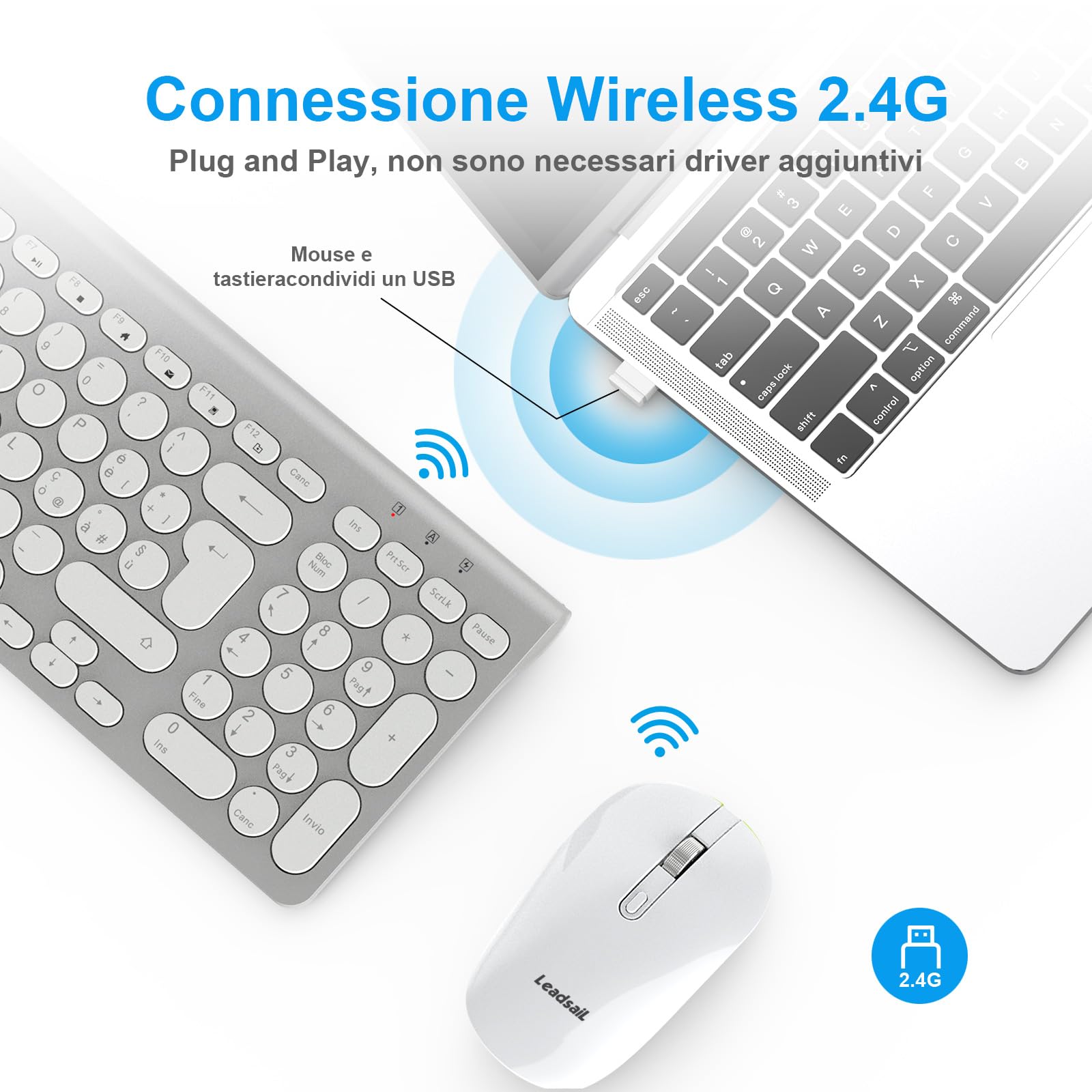 LeadsaiL Tastiera e Mouse Wireless, Ergonomica Kit Mouse e Tastiera USB Senza Fili, Silenziosa, Tastierino Numerico, 1600DPI, Layout QWERTY per Computer, Desktop-Argento