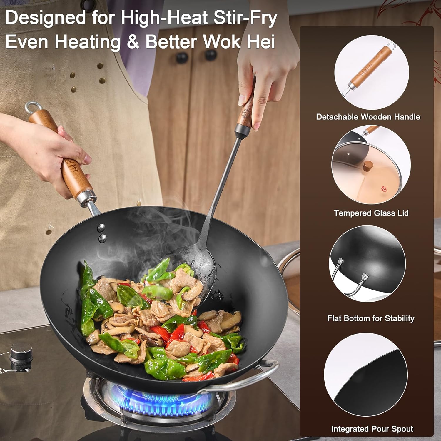 WANGYUANJI Carbon Steel Wok Pan, 13.4" Woks & Stir-Fry Pans with Glass Lid No Chemical Coated Flat Bottom Iron Wok for Induction, Electric, Gas, Halogen All Stoves