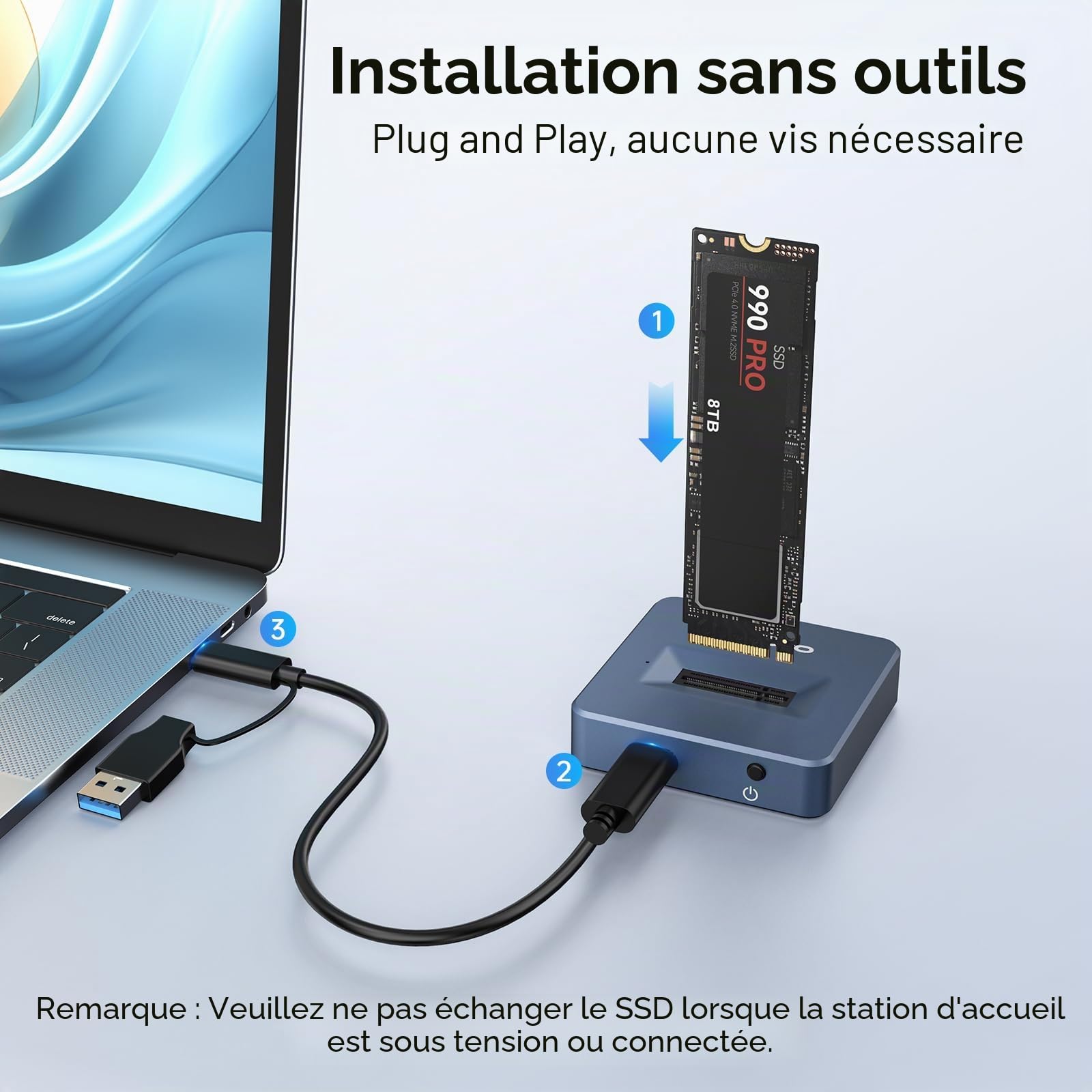 Boîtier NVMe PCIe M.2 SSD Box, Boîtier de Disque Dur SSD NVME/NGFF Hautes Performances USB 3.1, SSD M.2 M-Key avec Adaptateur USB-C et Câble USB 3.1