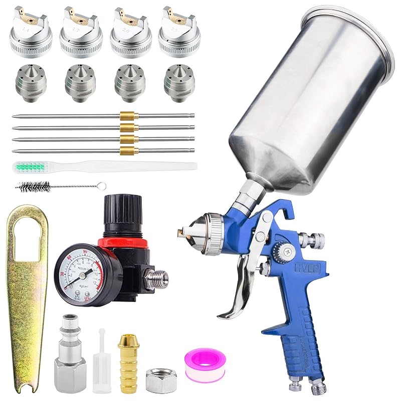 Pistola de Pintura HVLP com Alimentação por Gravidade, 4 Bicos de 1,4 a 2,5 mm BENTOHKLE Azul