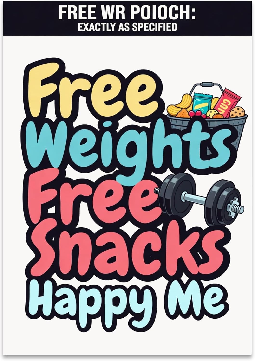 Gym Humor Decor Poster Print - Free Weights, Free Snacks, Happy Me - 13x19 - Energetic Fitness Style
