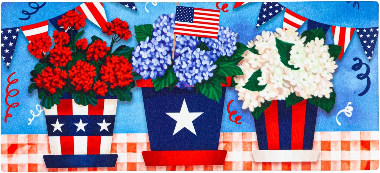 Evergreen Sassafras Patriotic Flower Pot Interchangeable Entrance Doormat | Indoor and Outdoor | 22-inches x 10-inches | Non-Slip Backing | All-Season | Low Profile | Home Décor