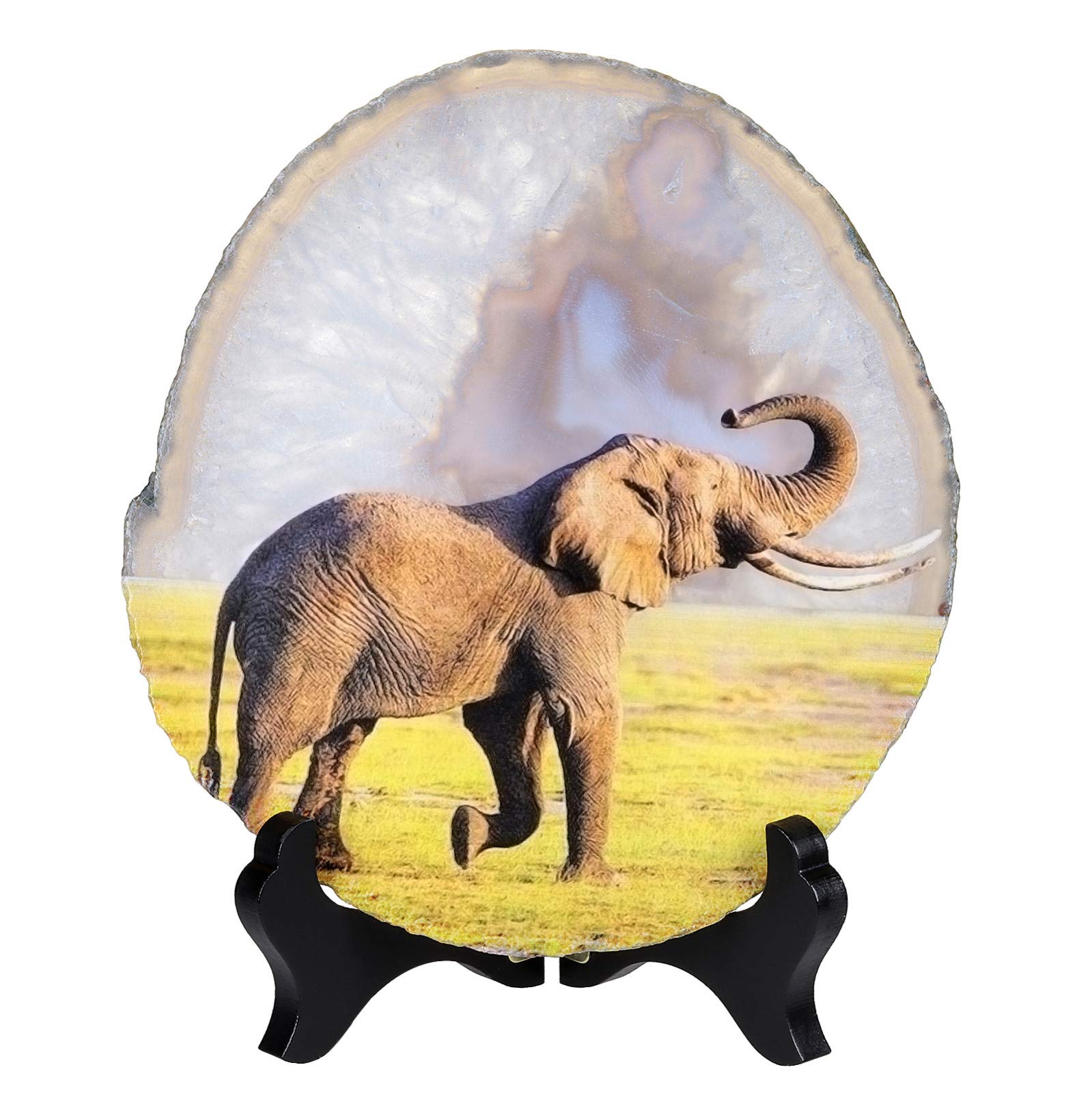 Pierre d'agate éléphant rockcloud ornement bureau forme irrégulière support bois