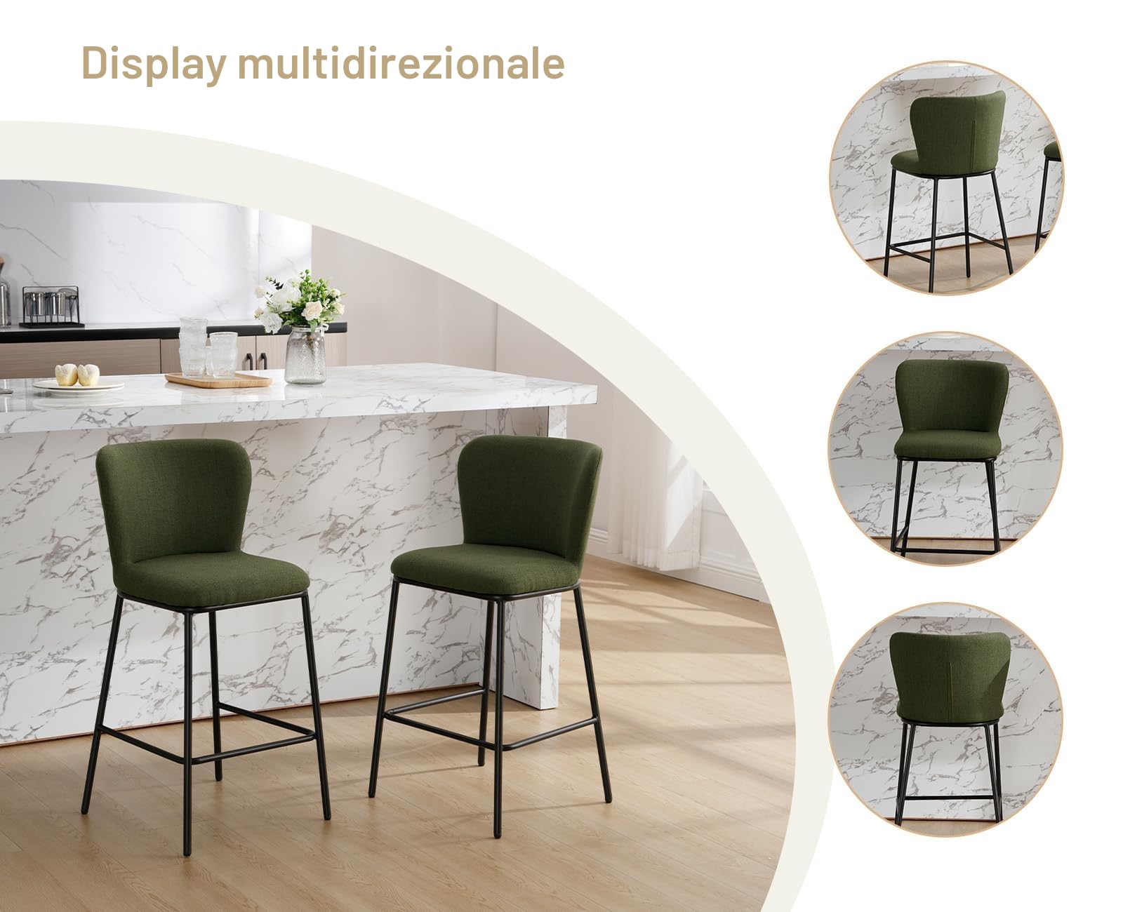 chairus Set di 2 Sgabelli da Bar in Tessuto di Lino Sgabelli Cucina Moderni Design con Schienale Sgabelli Imbottiti con Gambe in Metallo Sgabelli Alti per Penisola/Bar/Cucina, Verde