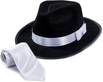 Tigerdoe Fedora Gangster Hat - Mobster Costume - Felt Hat & White Neck Tie - 2 Pc Set Fedora Hat