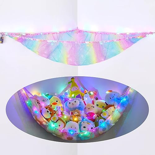 Miniatura 7 de BeBeJoJo Almacenamiento de animales de peluche con luz LED, decoración de habitación, hamaca, esquina para niños, organizador de almacenamiento de