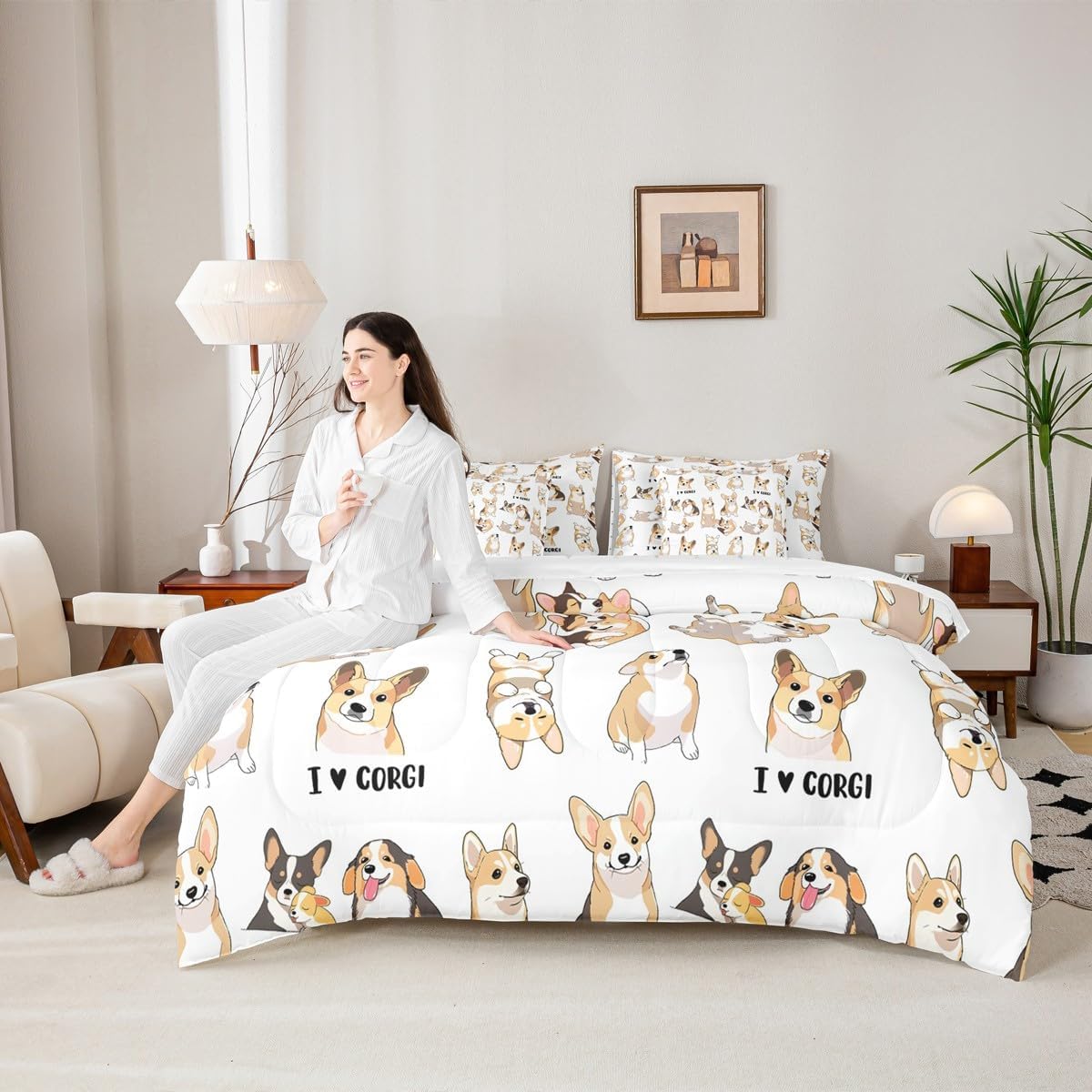 Manfei 7 Pieces Twin Size Cute Corgis Kids Comforter Set,Lovely Dogs Pets Cartoon Bedding Set,Toddlers Kawaii Animals White Yellow（Comforter+Fitted+Flat Sheet+2 Pillowcases+2 Throw Pillow Covers） image 4