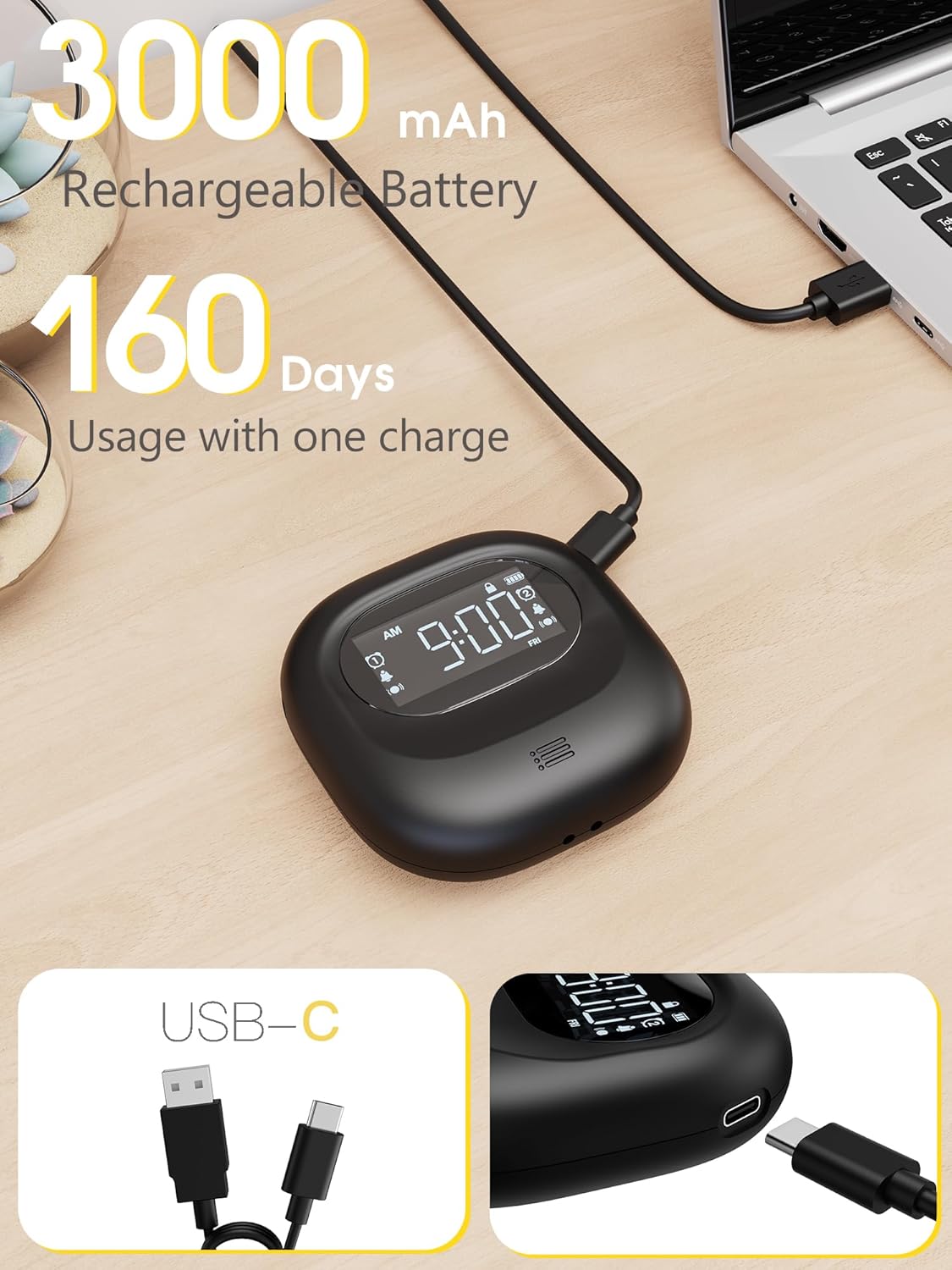 USB-C rechargeable clock with 3000mAh battery and 160 days usage