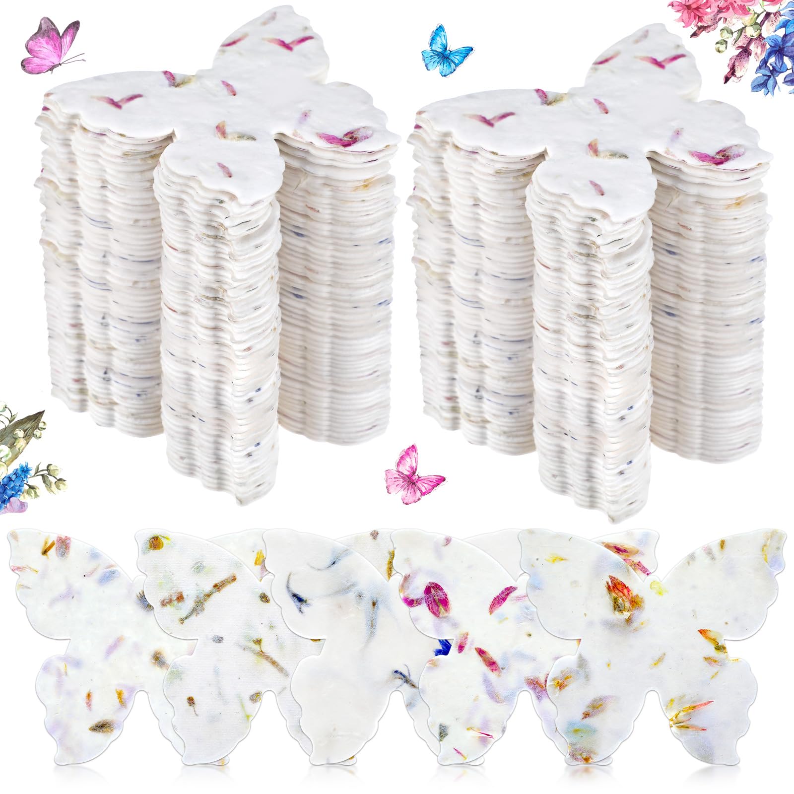 Dunzoom 100 Pcs Handmade Seed Paper Plantable Wildflower Seed Paper Recycled Flower Petals Tags Wedding Favors for Guests Gifts Cards for Envelope Birthday Party, 5 Styles(Butterfly Shape)