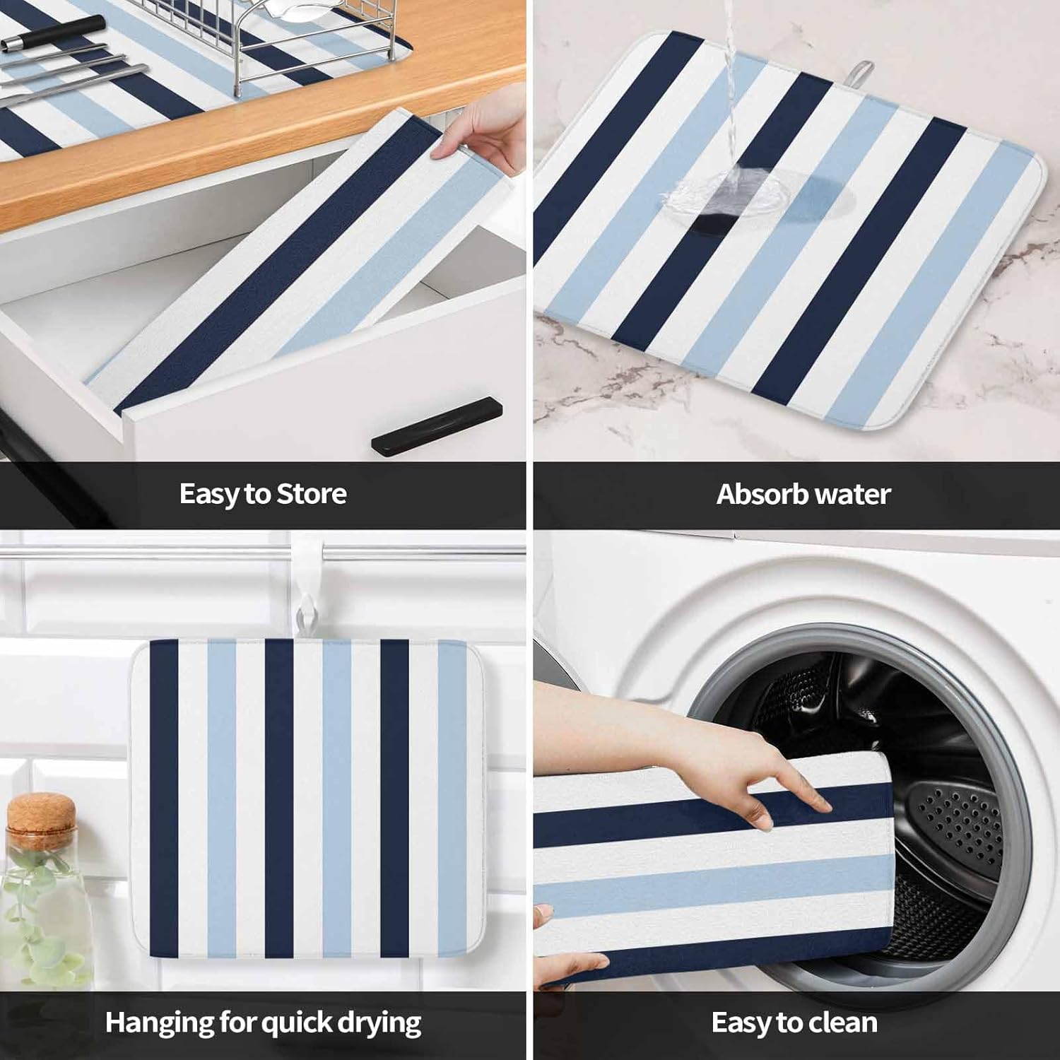 Dish Drying Mat Set of 2 Navy Light Blue Contrast Microfiber Absorbent Reusable Washable Dish Drying Rack Mat Simple Striped Coffee Mat for Coffee Maker Bar Kitchen Countertops 18x24inch