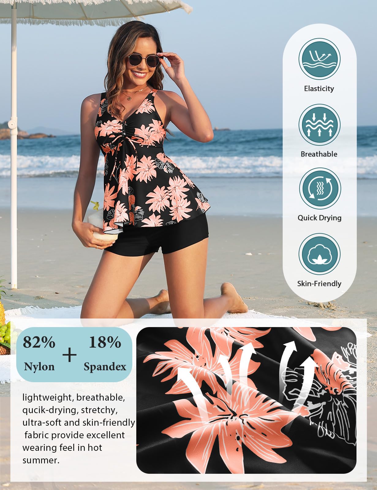Nadeer Tankinis Mujer Traje de Baño 2 Piezas Cuello en V Push up Bikini Set Estampado Floral con Pantalones Cortos