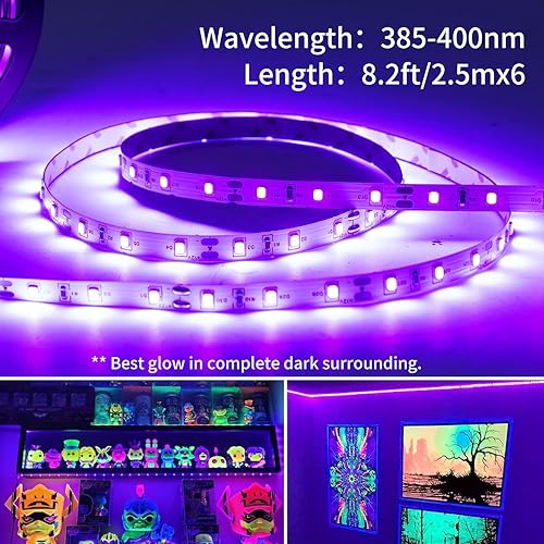 Miniatura 9 de Tira de luz negra USB de 16.4 pies con caja de batería, tira de luz negra LED de 5 V, 300 LED para brillar en la oscuridad, 385-400 nm para fiesta