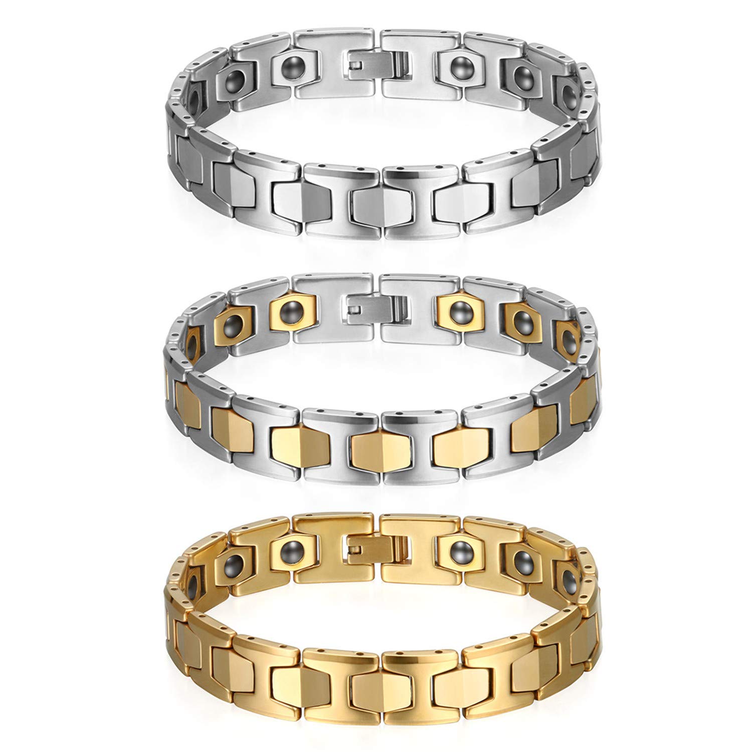 JewelryWe Pulsera magnética ajustable para hombre y mujer, pulsera de enlace elegante de acero inoxidable, 20 cm, Titanio Acero inoxidable