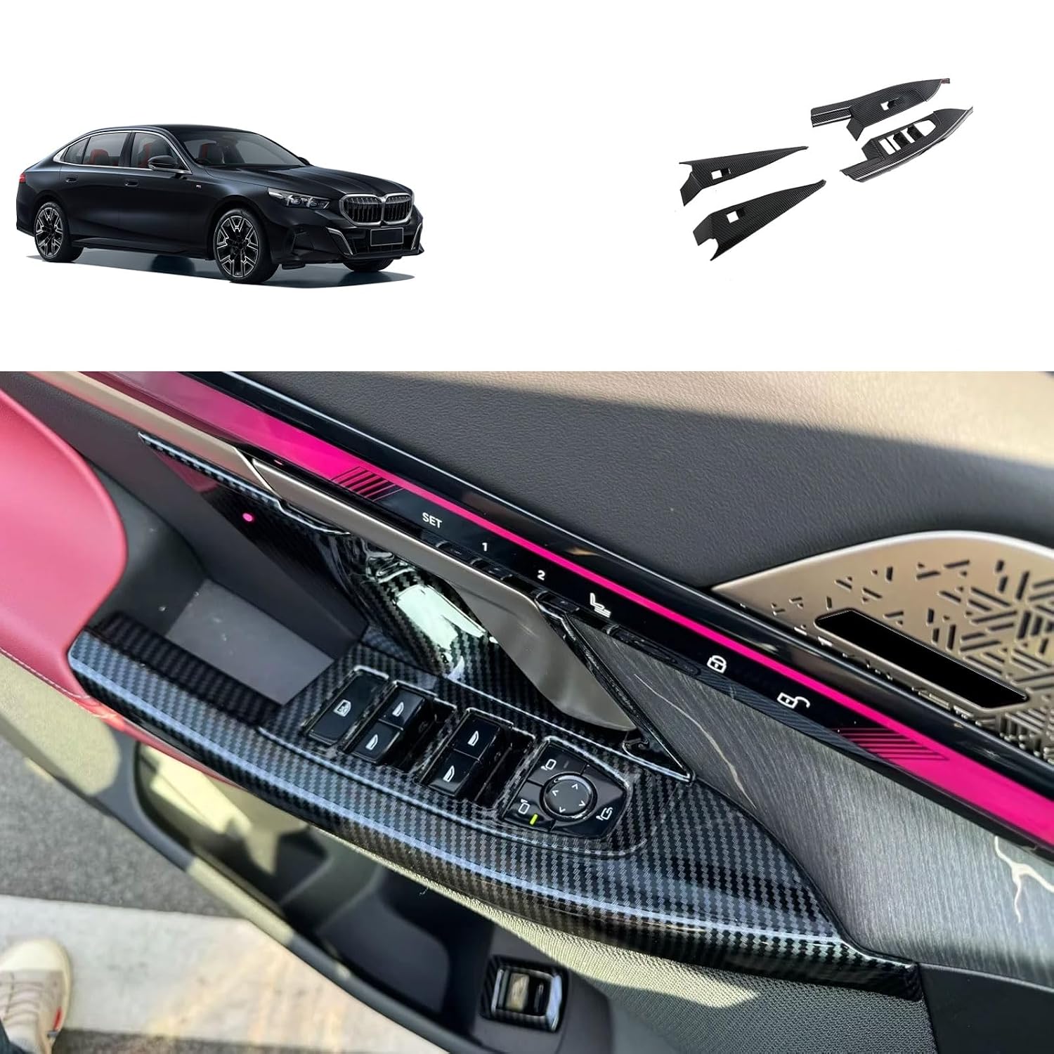 Door Window Switch Panel Cover Compatible with BMW 5 Series Sedan 530i 540i 2024 2025(G60 Door Armrest Cover Window Lift Trim Interior Car Accessories ABS 4PC(Carbon Fiber Style)