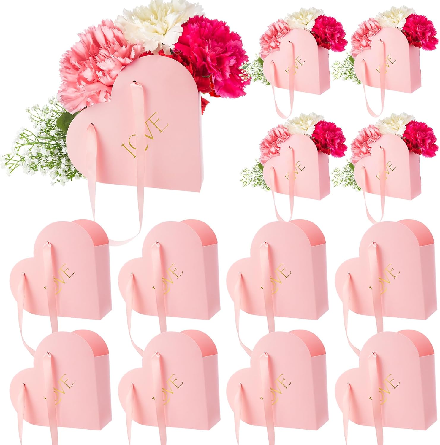Kolldenn 12 Pcs Heart Shaped Flowers Boxes Valentine Bouquet Storage Bucket Valentine's Day Floral Boxes for Arrangements Paper Floral Bag with Handle Basket Handbag for Florist Bridal Shower(Pink) - Image 8