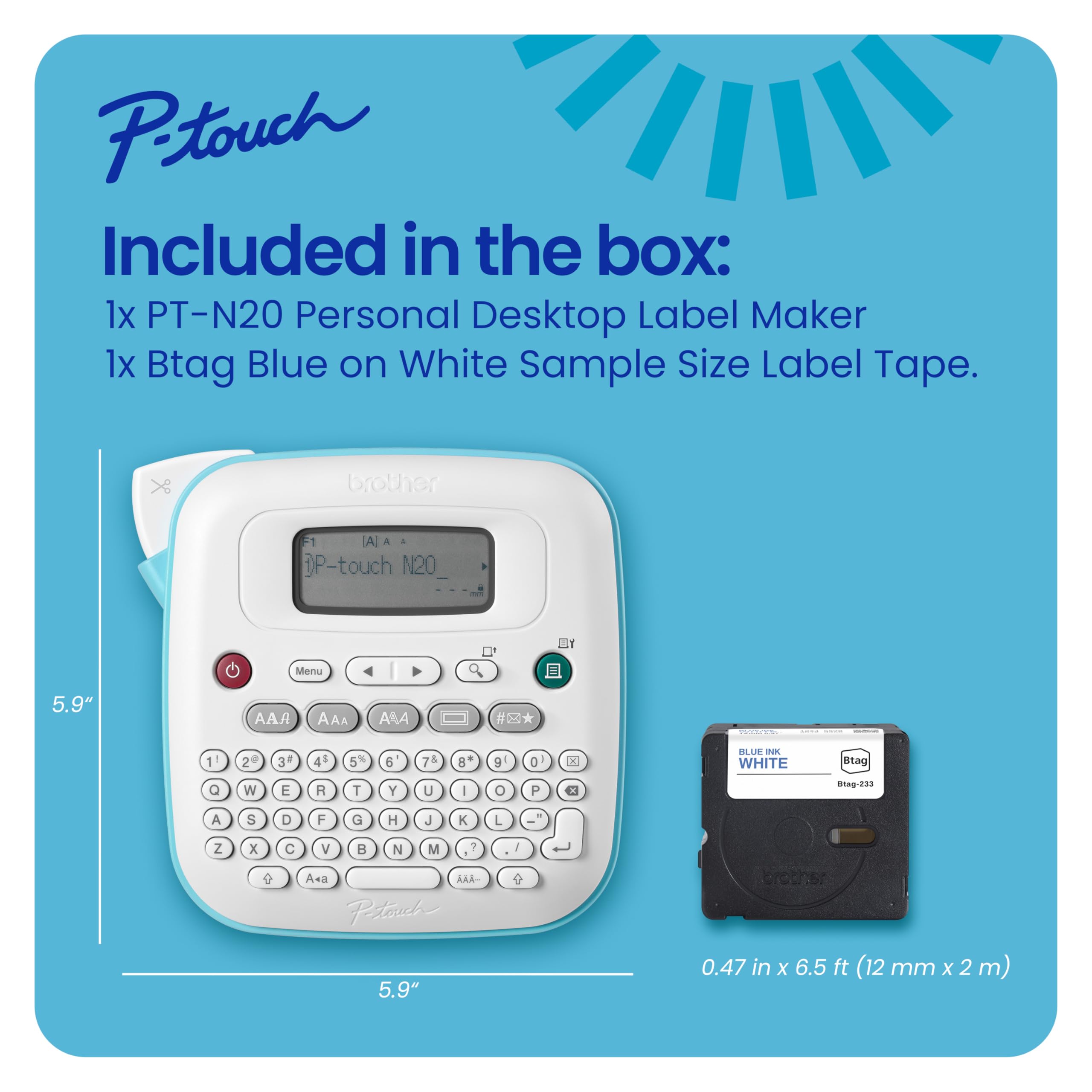 BROTHER P-Touch PT-N20 Étiqueteuse de Bureau personnelle avec Ruban adhésif Btag, imprimante d'étiquettes Portable, Facile à Utiliser, Plusieurs Styles de Police, modèles conviviaux pour
