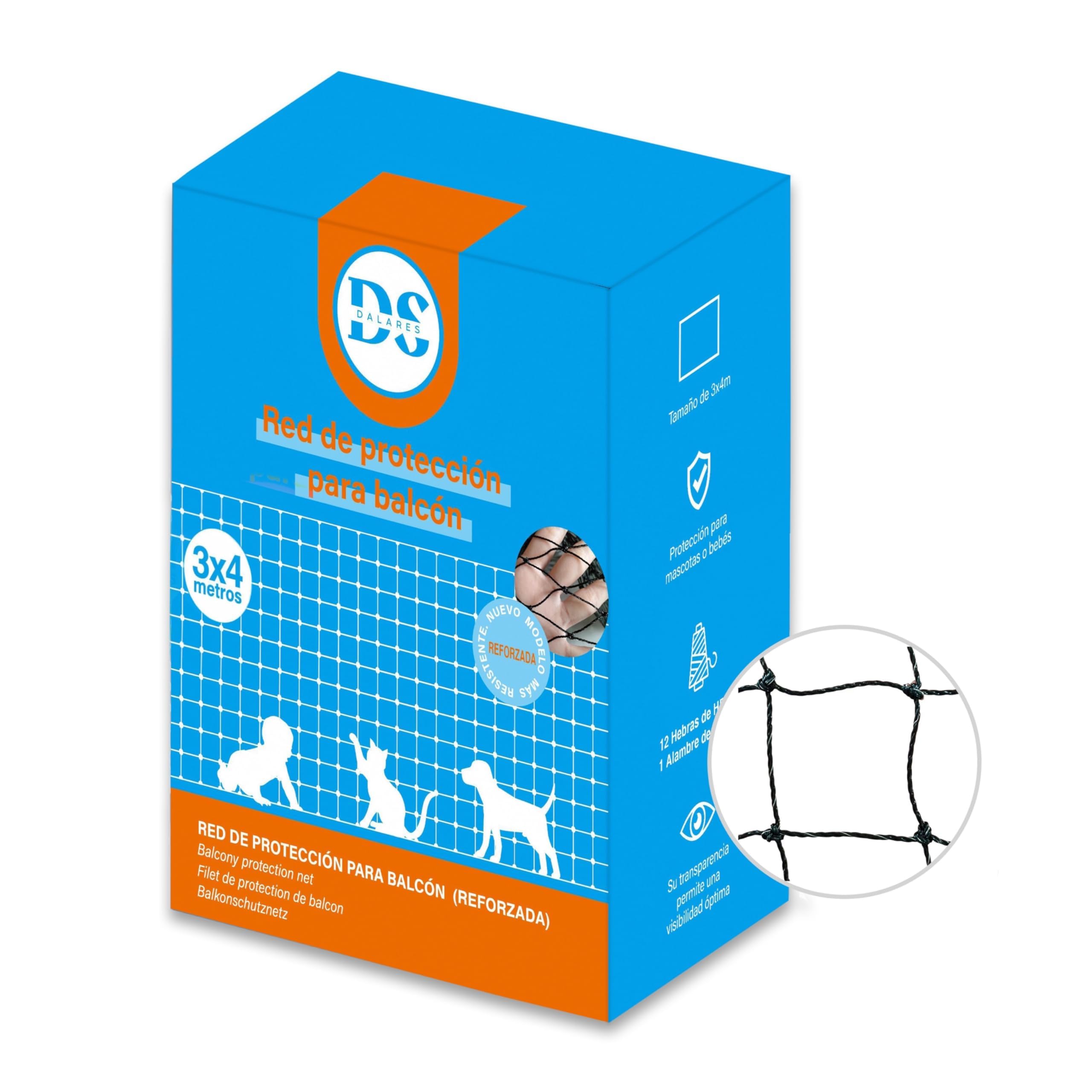 DALARES Red para Gatos Reforzada con Alambre | 3X4m | Negro | Red de Seguridad para Terrazas, Balcones y Ventanas | Malla Protectora Resistente Antigatos | Red Protección Gatos | + Acccesorios Gatos