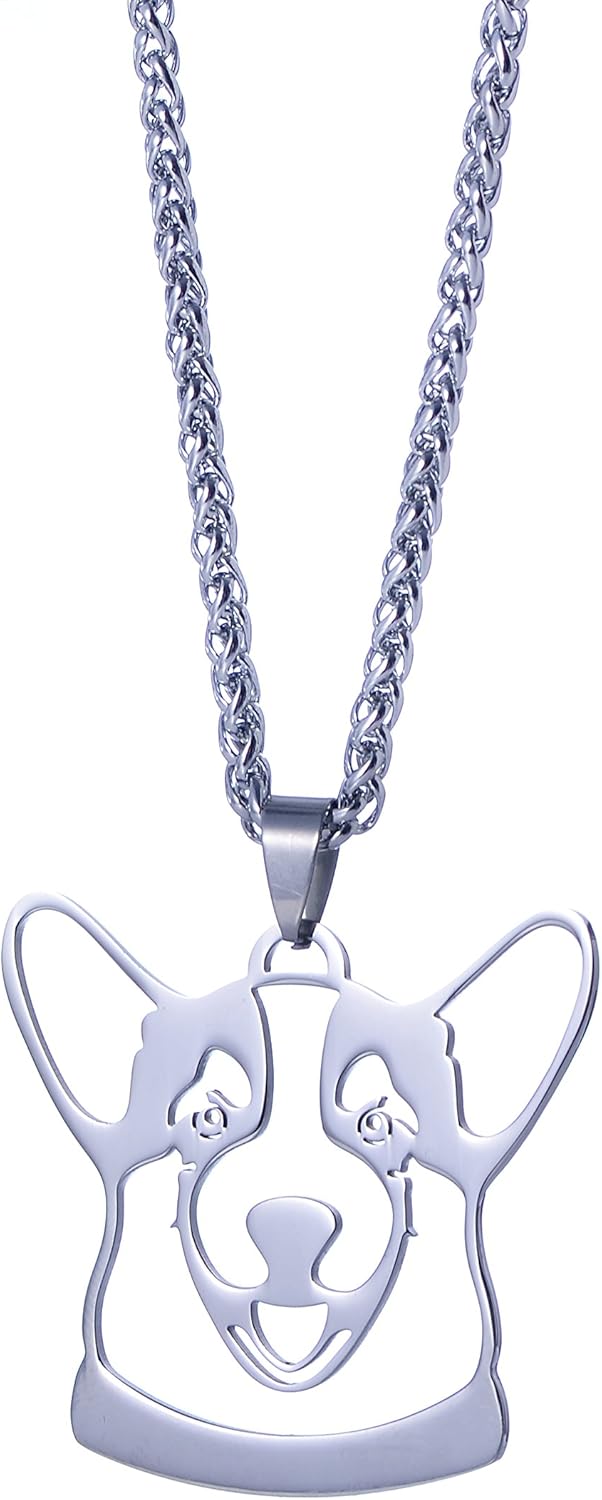 Stainless Steel Pembroke Cardigan Welsh Corgi Dog Head Pet Dog ID Tag Collar Charm Pendant Necklace