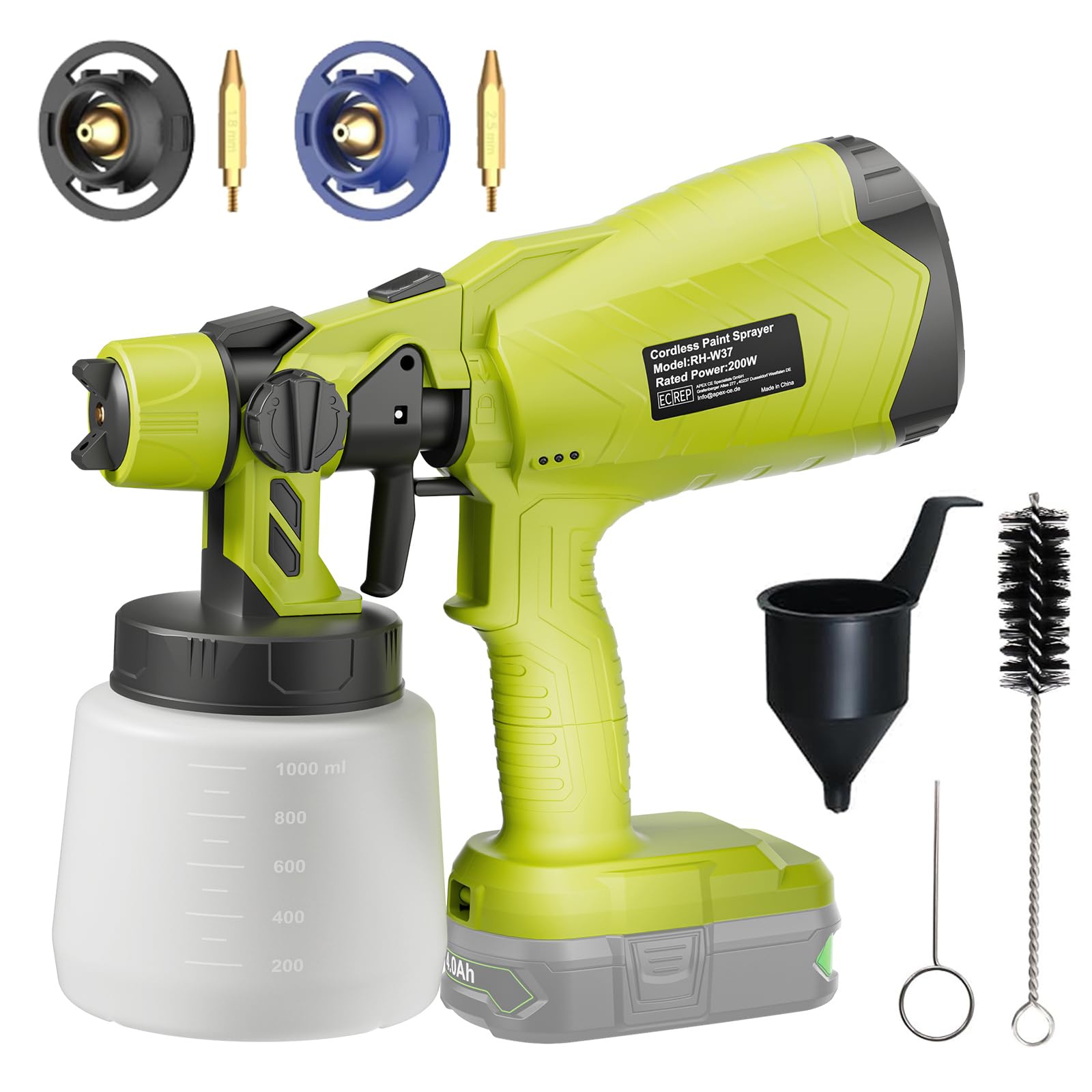 Kabellose Akku Farbsprühsystem für Ryobi 18V One+ Akku (ohne Akku) für Zäune und Terrassendielen, Akku Sprühpistole, Handfarbsprüher mit 2 Düsen und abnehmbarem 1L Tankfür Zuhause DIY Malerei