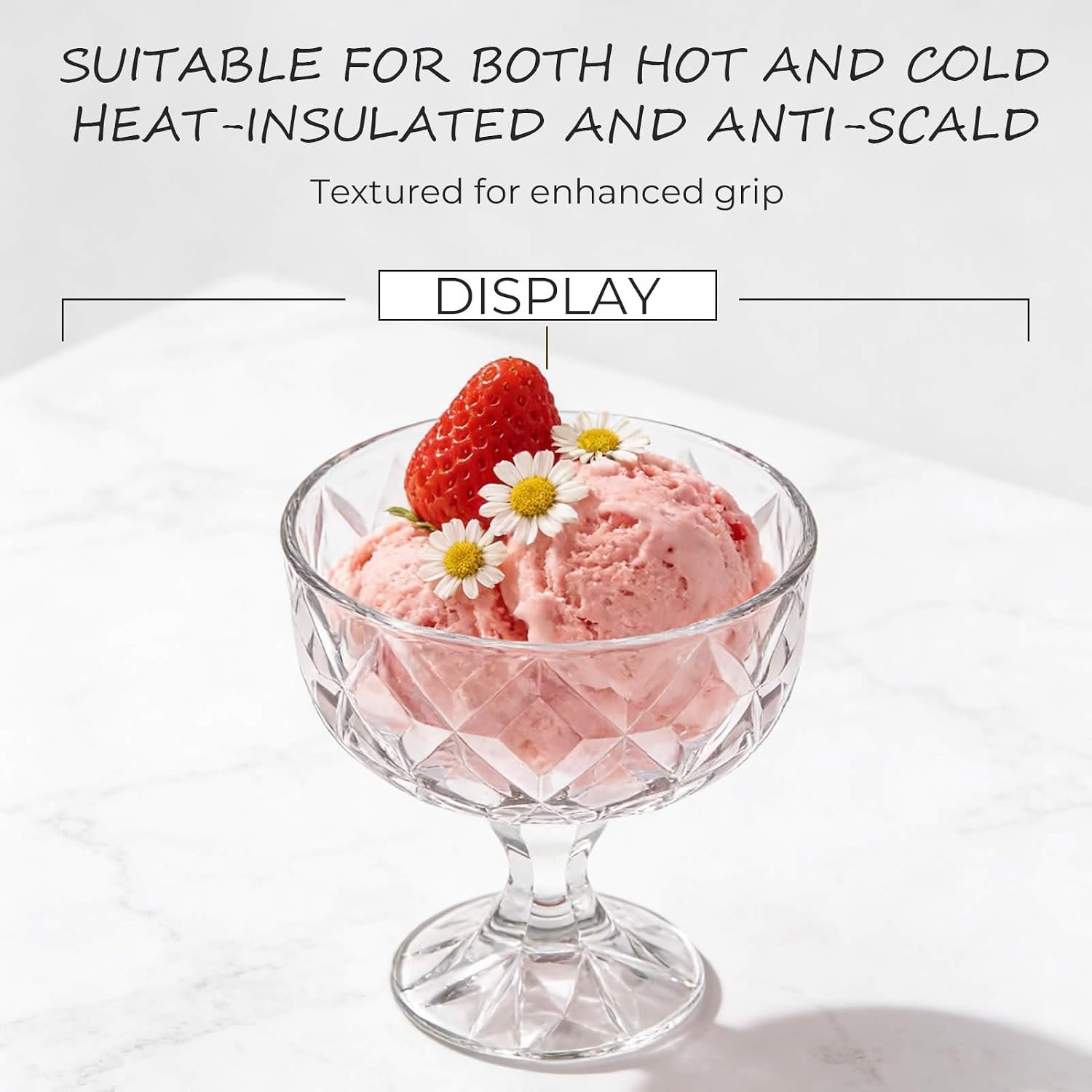 Glass Dessert Bowls Set of 6, 9.81 oz Footed Ice Cream Sundae Cups, Vintage Diamond Pattern Dessert Cups for Parfait, Pudding, Fruit, Yogurt, Trifle, Mousse