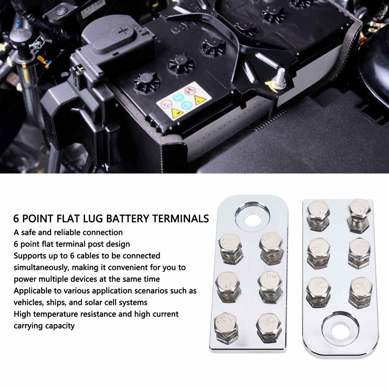 Lot de 2 Bornes de Batterie Plates à 6 Points, Borniers en Alliage d'aluminium pour Plusieurs Connexions de Câbles, Connecteurs de Batterie avec Goujons Filetés, Idéal pour l'automobile,