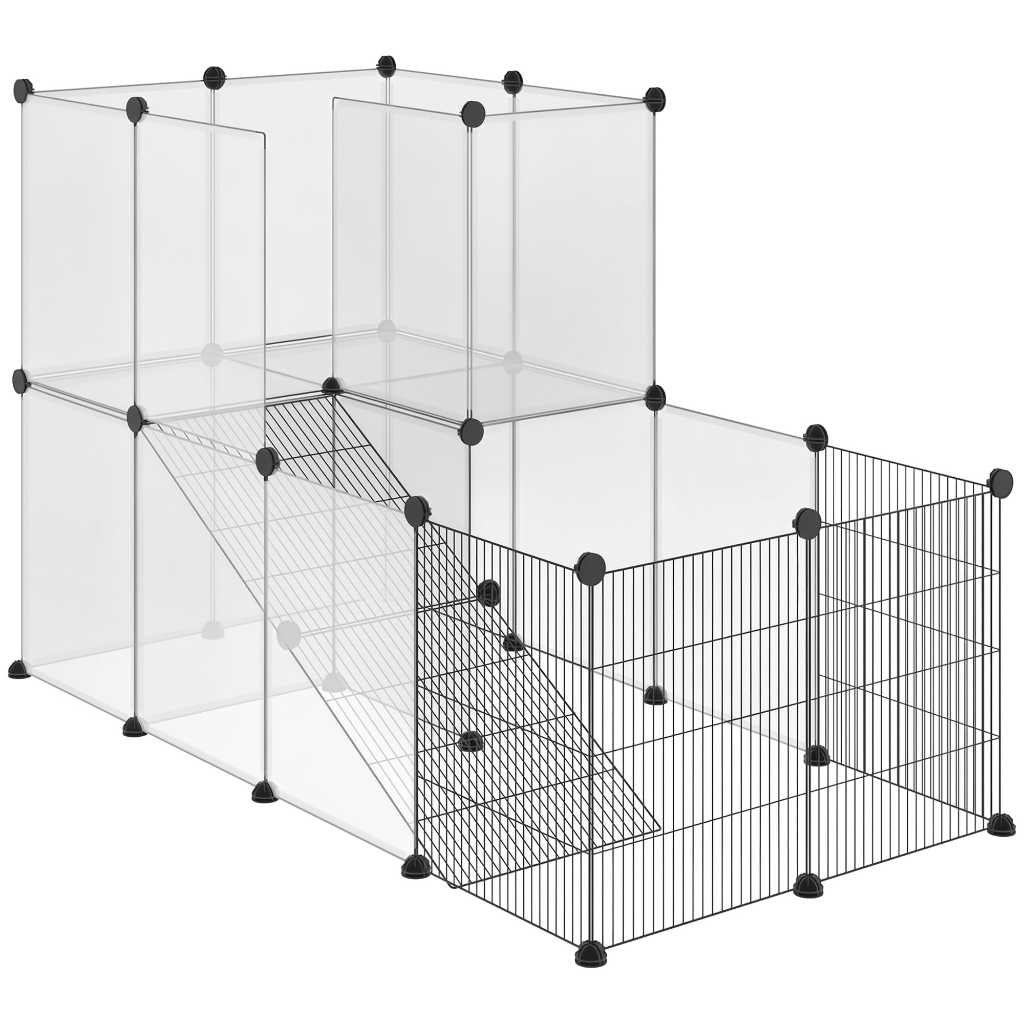 PawHut Recinto Modulare per Conigli, Cincillà e Porcellini d'India, Box per Animali di Piccole Dimensioni, 27 Pannelli Acciaio e Resina