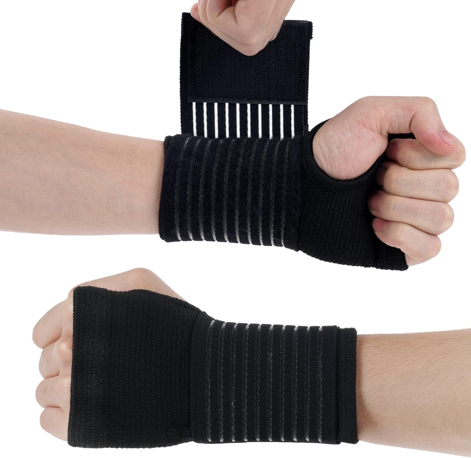 ACWOO Wrist Brace, 2 Pack Elastic Wrist Support with Strap, Wrist Compression Wrap Adjustable Wrist Strap Relieves Wrist Pain, Tendonitis, Sports Use for Men and Women, Right & Left Palm Support Black