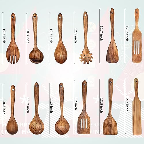 Miniatura 14 de Juego de utensilios de cocina de madera de teca, 7 piezas, utensilios de cocina de madera, incluye espátula