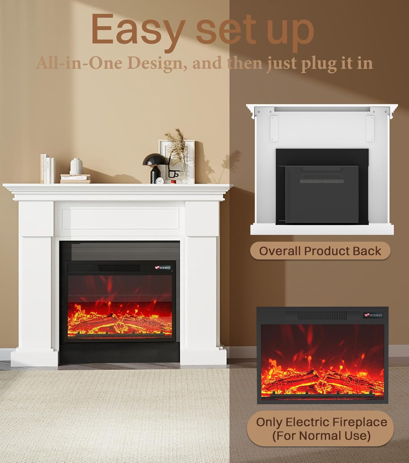 55" Electric Fireplace with Mantel, TV Stand＆Freestanding Fireplace, 23 inch Electric Fireplace Heater with 4 Flame Levels, Remote Control, One Package＆Easy to Set, for Living Room/Bedroom