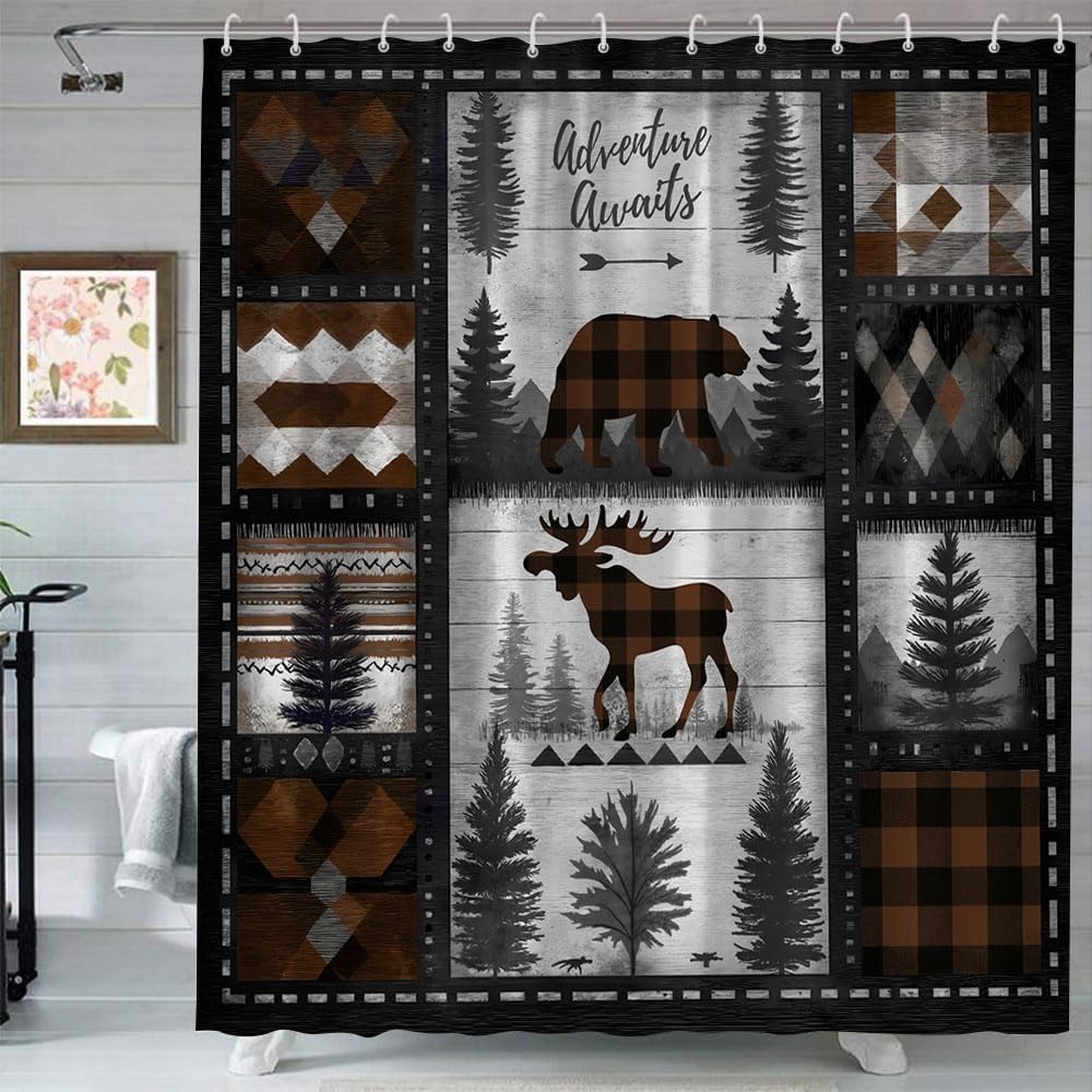 Rustic Cabin Shower Curtain Retro Forest Bear Deer Moose Camping Hunting Wildlife Safari Aztec Western Farmhouse Red Brown Buffalo Check Plaid Polyester Fabric Bathroom Curtain with Hooks