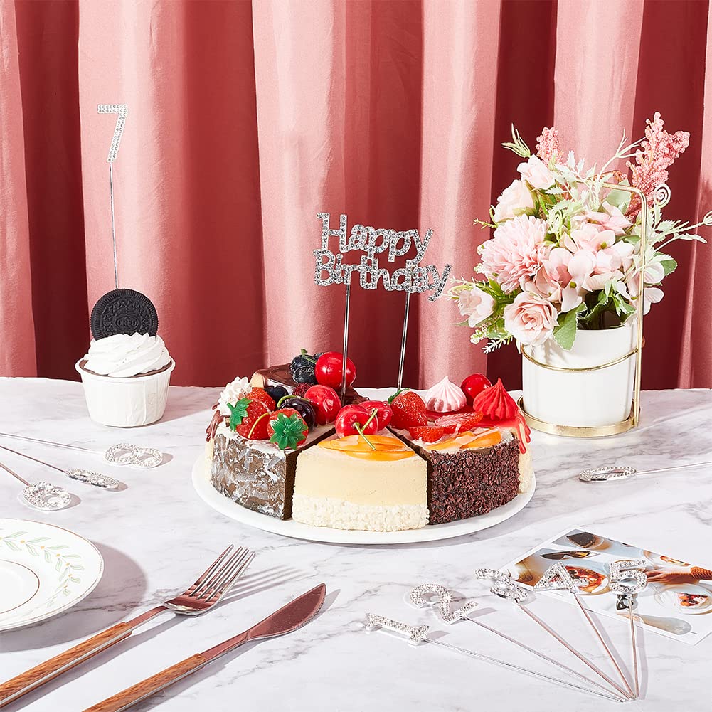FINGERINSPIRE 11 Stück Happy Birthday Tortenaufleger Silber Metall Strass Kuchen Dekoration Nummer 0-9 Geburtstag Kuchen Topper Bling Cupcake Toppers für Party Hochzeit Jahrestag 156~164x16~92.5mm