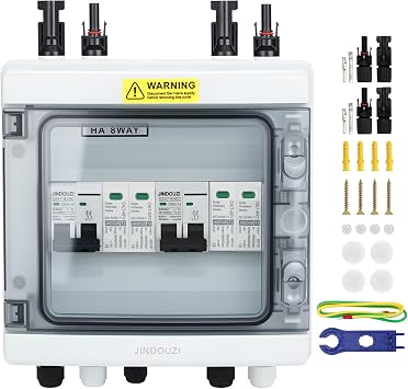 JINDOUZI 2 in 2 Out PV Combiner Box,500V Solar Combiner Box with DC 20A Circuit Breaker and Surge Protector,IP65 Solar Disconnect Switch Box for Indoor Outdoor Solar Panel System