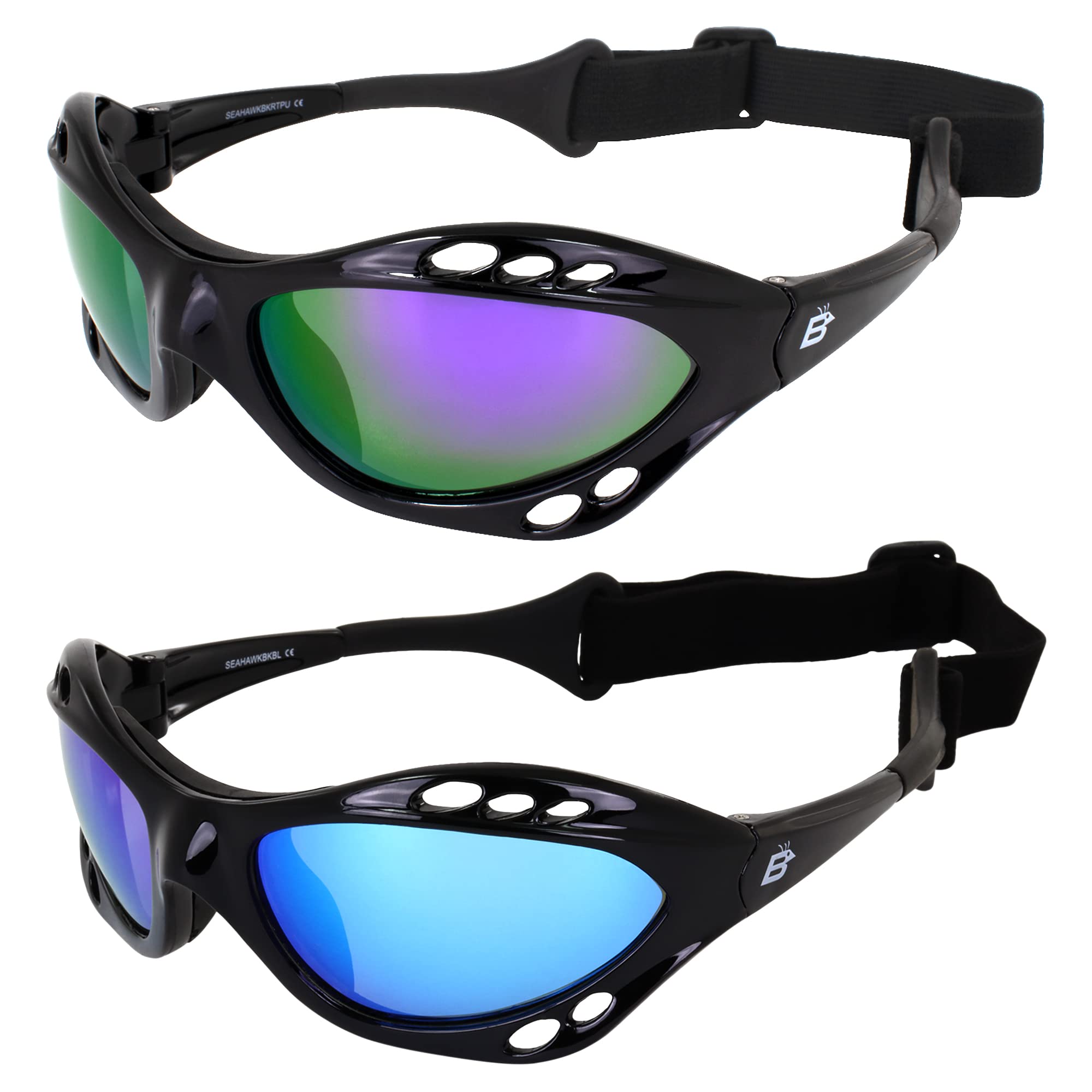 Birdz Eyewear Seahawk Padded Polarized Sunglasses 2 Pairs w/Strap Water Sports Surfing Kayaking Jetski Black w/Purple & Green Mirror Lenses