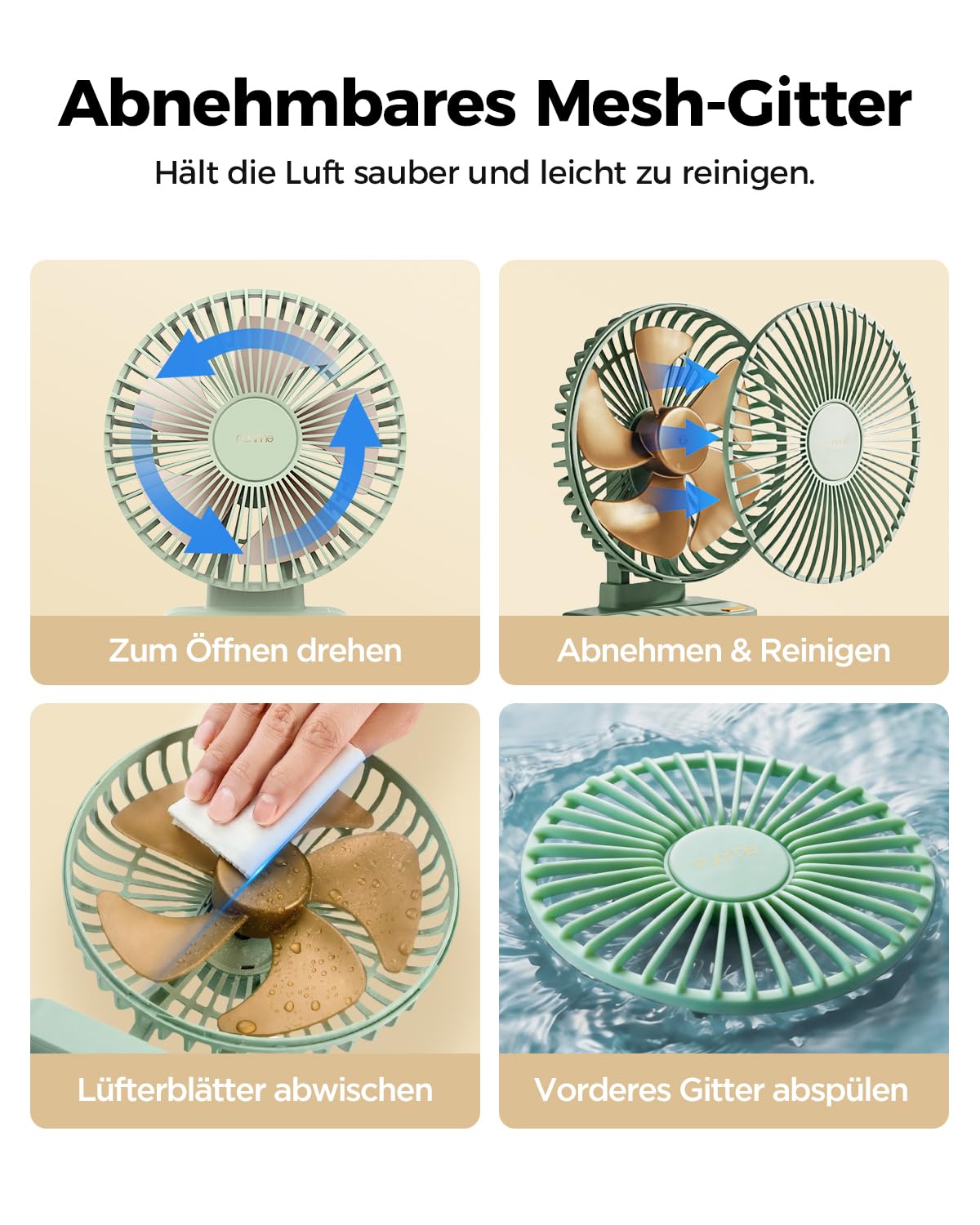 Funme Tischventilator 10000mAh Akku 29H, 90° Neigbar 3-Stufen Desktop Ventilator Leiser, Ventilator für Zuhause, Büro, Schlafzimmer, Reisen, Camping, Grün