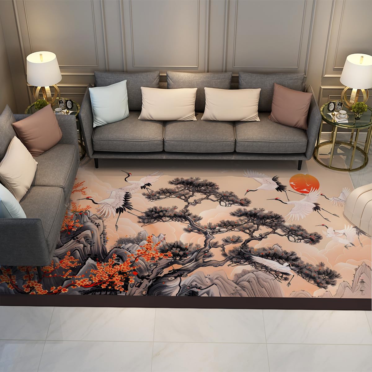 Tapis 120x150 Japonais pour salon et chambre motif grue