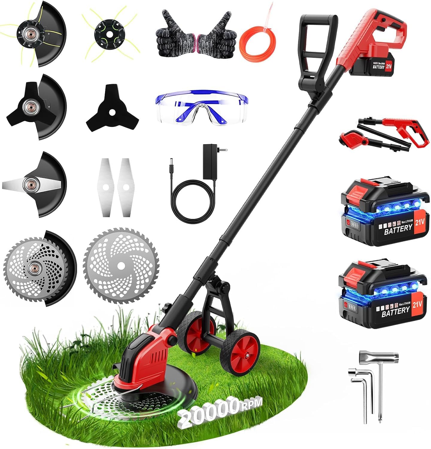 12-Inch Cordless Strimmer, Electric Grass Trimmer with 2 X 3000mAh Battery, 20,000RPM 4 in 1 Telescopic Lightweight Adjustable Garden Strimmer with Detachable wheels for Lawn Mowing Edging Garden