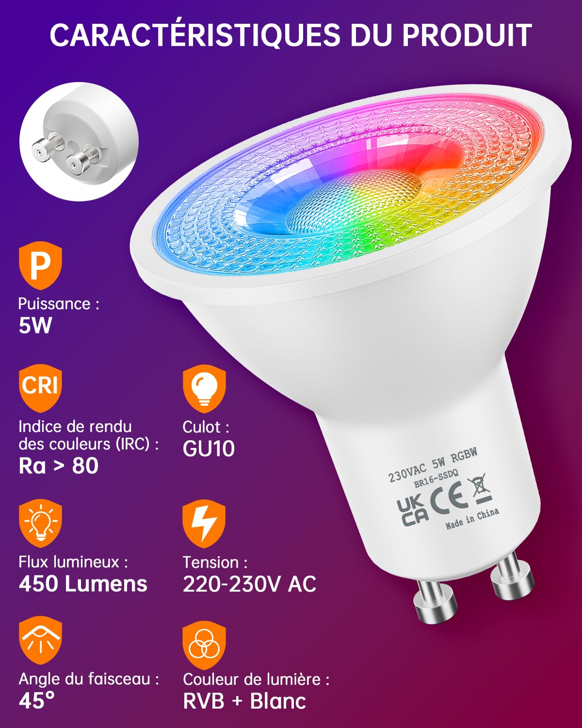 YAYZA! Ampoule LED GU10 Blanc Froid 5W, 6000k RGB Dimmable Ampoule Couleur, Spot Changementde Couleur, 450lm(équivalent 50w),12 Couleurs, 5 modes,Timing, Avec Telecommande (Pièce de 8