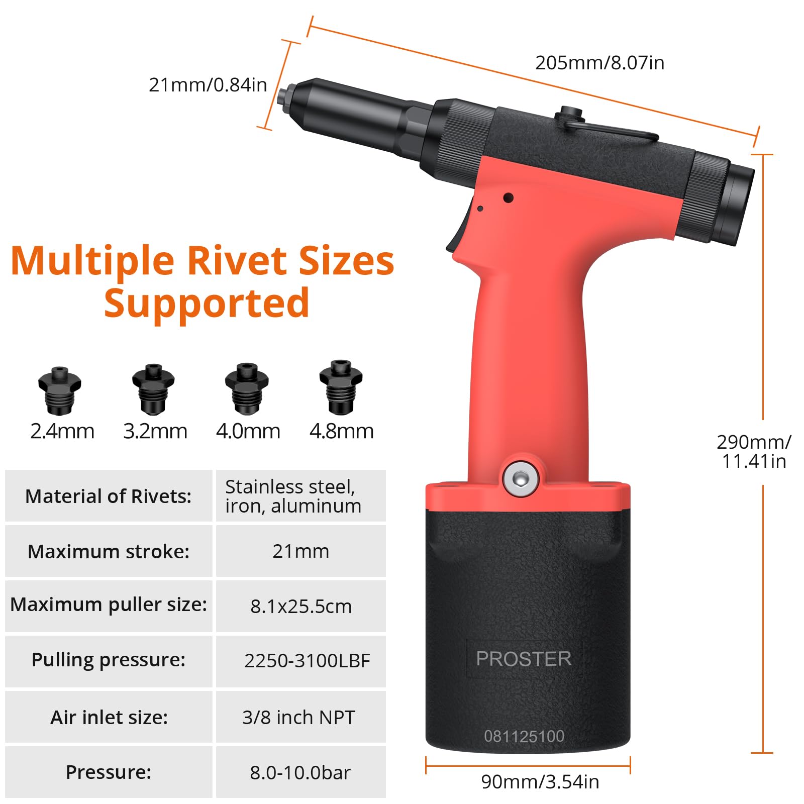 Proster Pneumatische Nietpistole Druckluft Blindnietgerät - Selbstansaugende Profi Nietpistole mit 1000KGF Zugkraft, 2.4–4.8mm Nietzange mit Auffangbehälter, 360° EU Anschluss für Werkstatt KFZ Boot