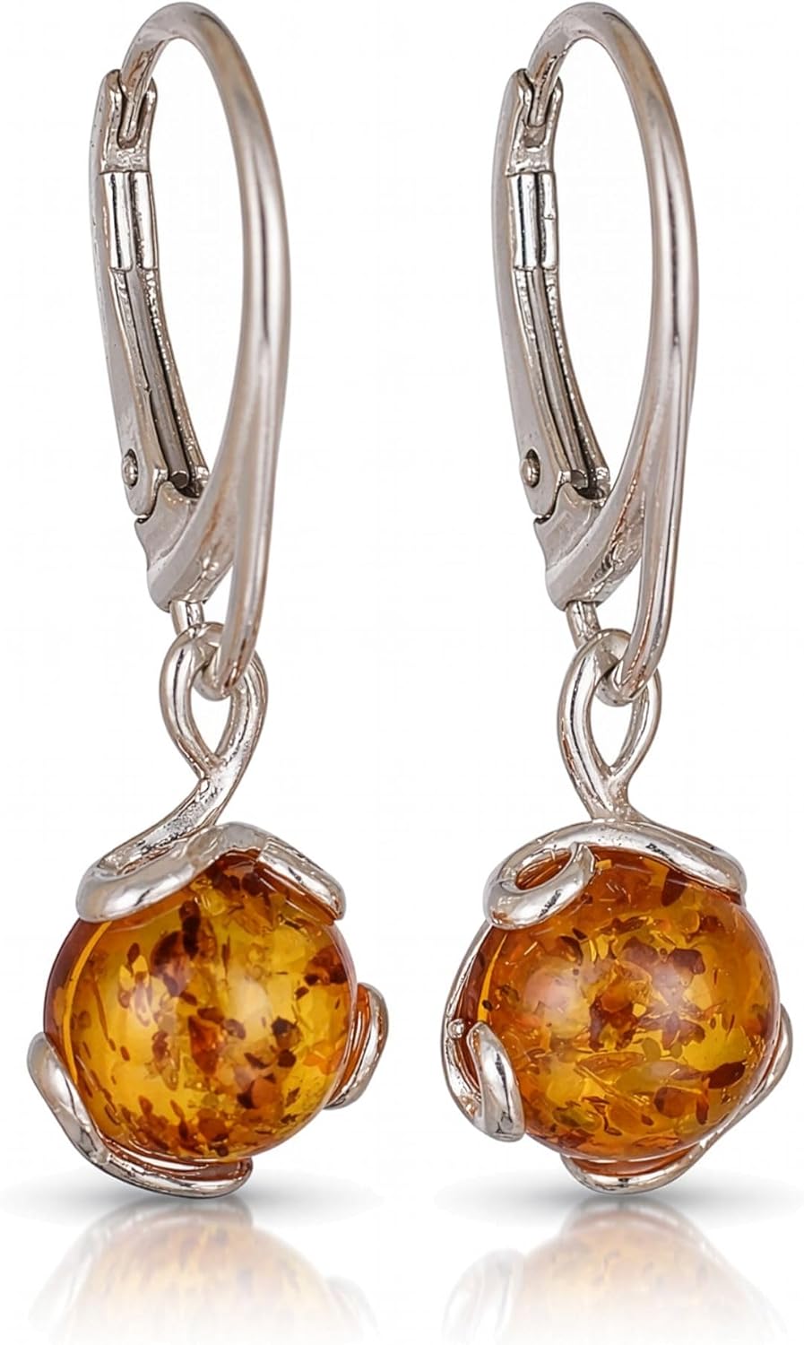 Sterling Silver Amber Jewelry for Women - GIA Certified 925 Sterling Silver and Baltic Honey Amber Earrings, French Leverback Round Dangling