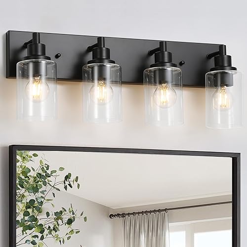 LOUSACE Lámpara de tocador de baño de 4 luces, accesorios de iluminación de baño negro mate con pantalla de vidrio transparente, apliques de pared