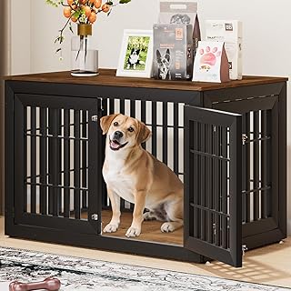 48" Heavy Duty Dog Crate Furniture for Small,Medium and Large Dogs,Rustic Wooden Dog Cage Kennel Indoor Furniture with Waterproof Top,Decorative Pet House Side End Table (Black & Wood)