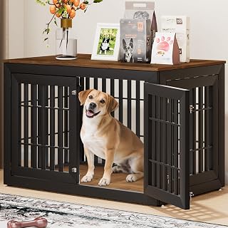 48" Heavy Duty Dog Crate Furniture for Small,Medium and Large Dogs,Rustic Wooden Dog Cage Kennel Indoor Furniture with Waterproof Top,Decorative Pet House Side End Table (Black & Wood) - Amazon product rated Grade A