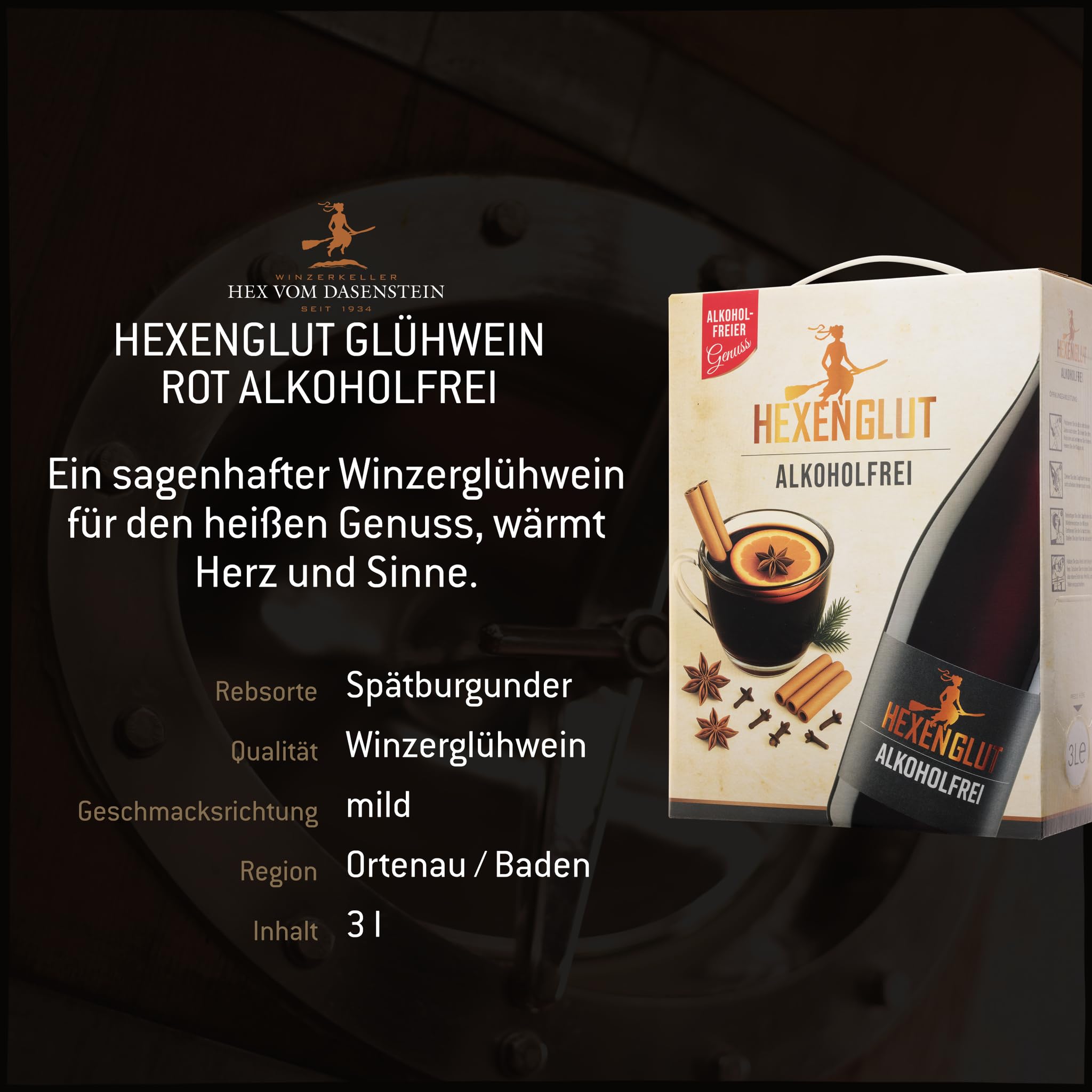 Hex vom Dasenstein Wein-Box Glühwein alkoholfrei rot - HEXENGLUT - alkoholfreier Glühwein, harmonische Rotwein Cuvée entalkoholisiert, Anbaugebiet Ortenau (1 x 3,0 l Bag-in-Box)