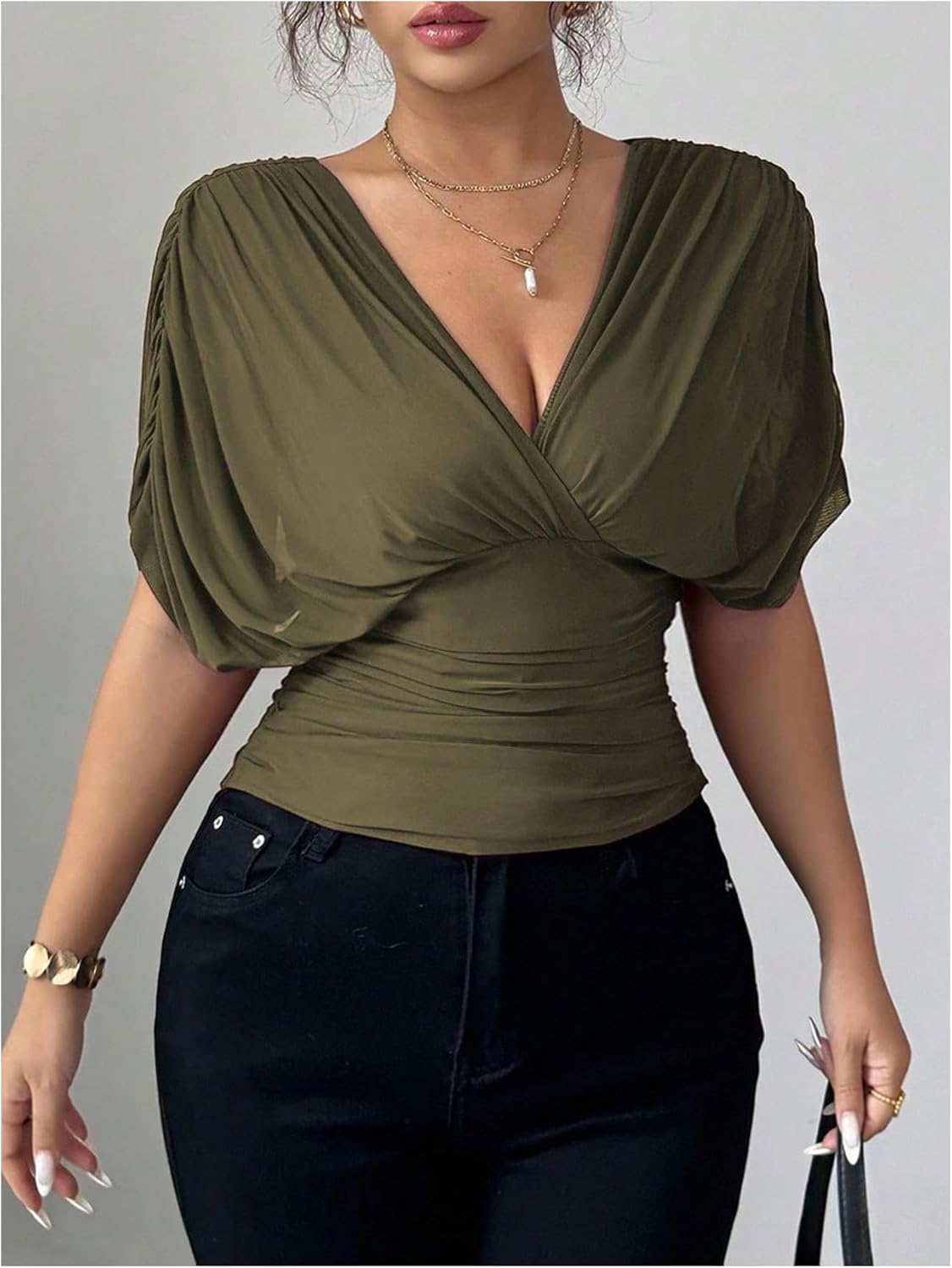 Milumia Women's Short Sleeve Ruched Mesh T Shirt Sexy V Neck Tie Back Cinched Waist Tops - Image 3