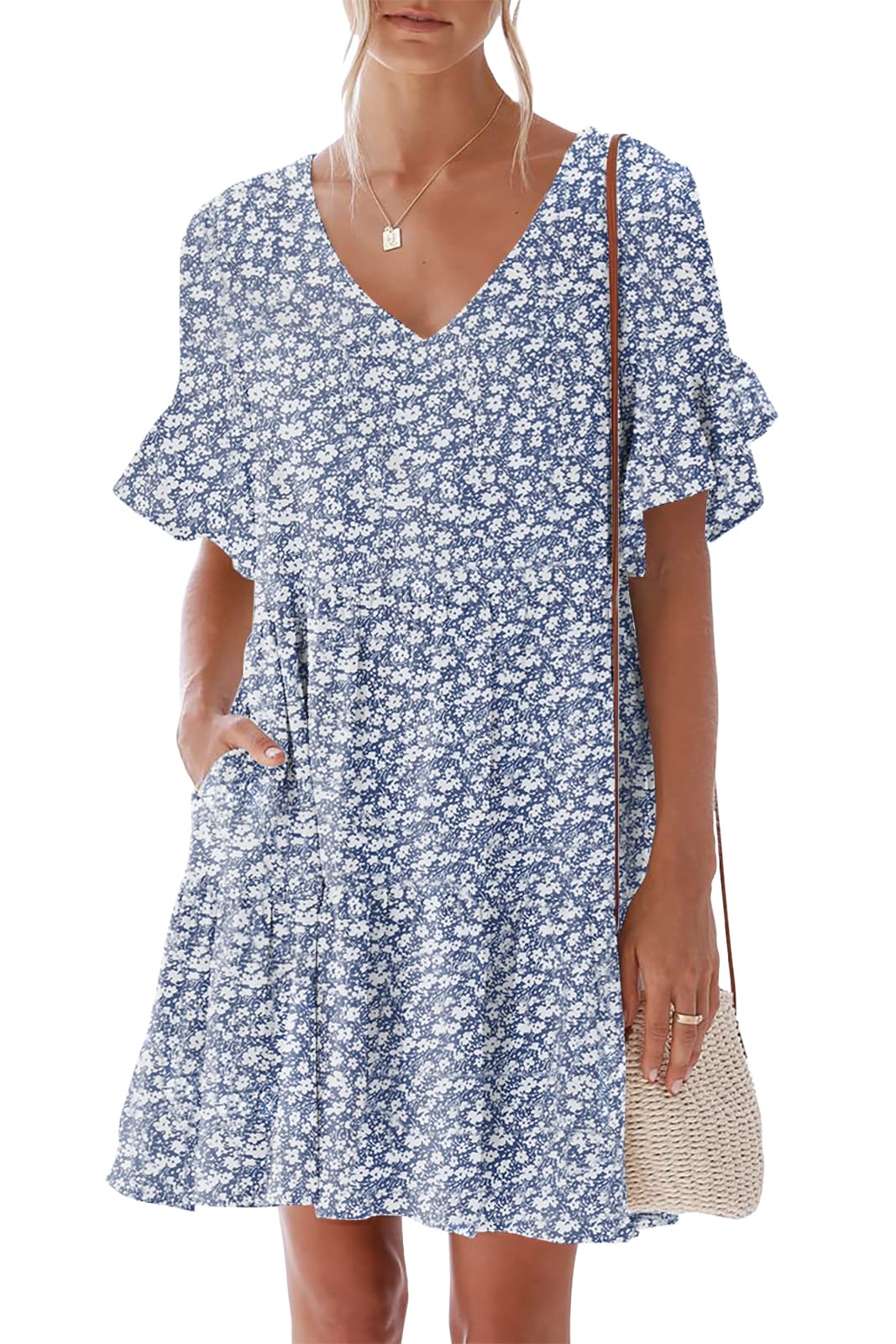 nclook Women's Summer Casual Dress Boho Flutter Sleeve Smocked A-Line V-Neck Long Dress