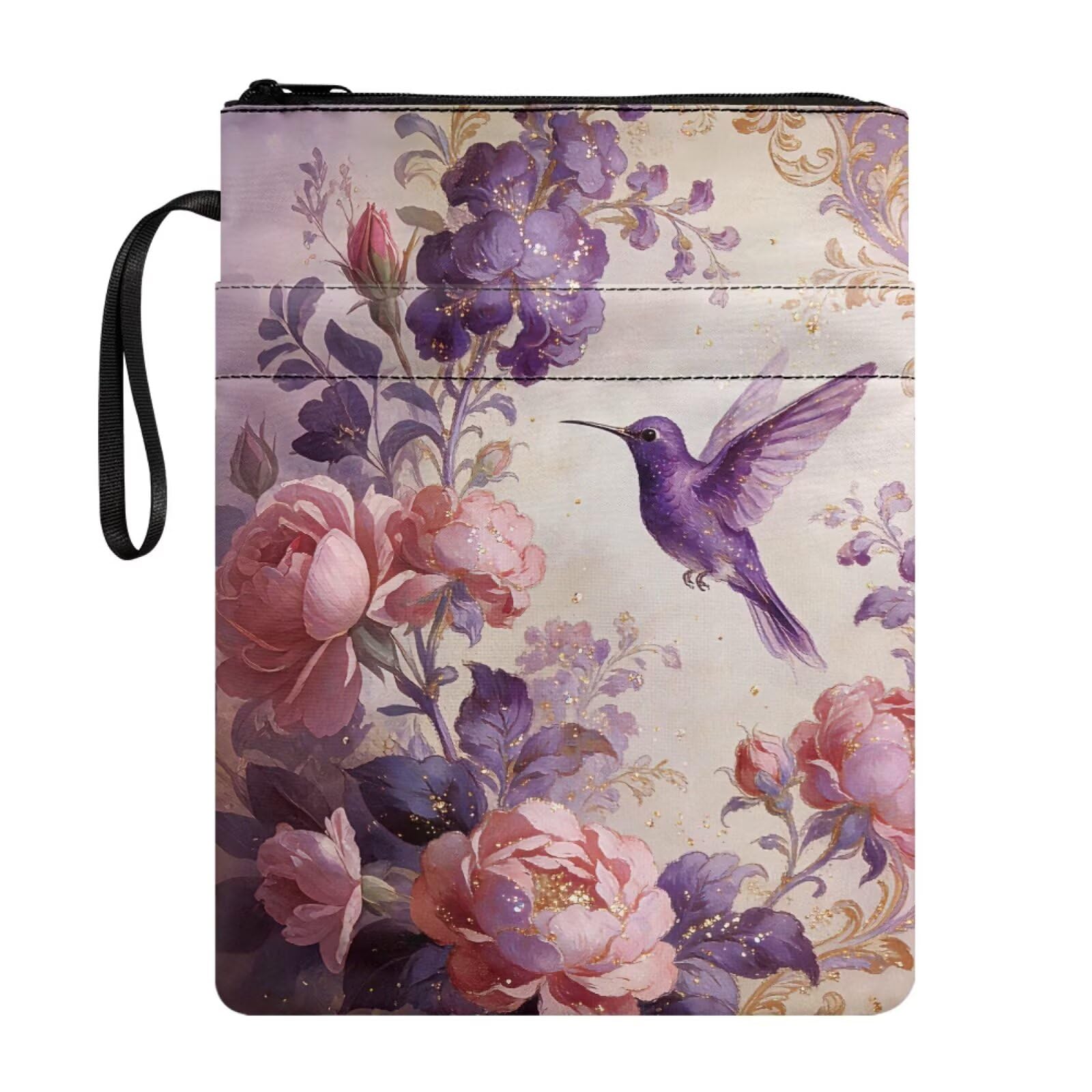 Poceacles Book Sleeve Book Covers for Paperbacks Textbook Hardcover Pouch Protector with Zipper Washable Fabric Reading Accessory 11 x 8.5 Inch, Violet Hummingbird Floral Retro