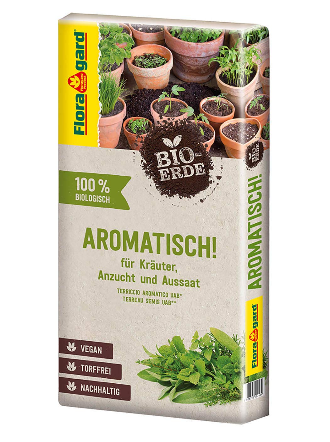 Floragard Bio-Erde Aromatisch 40 L – torffreie, vegane Kräuter- & Anzuchterde mit lockerer, feiner Struktur für Aussaat, aromatische Kräuter & Jungpflanzen – fördert Gute Keimung & gesundes Wachstum